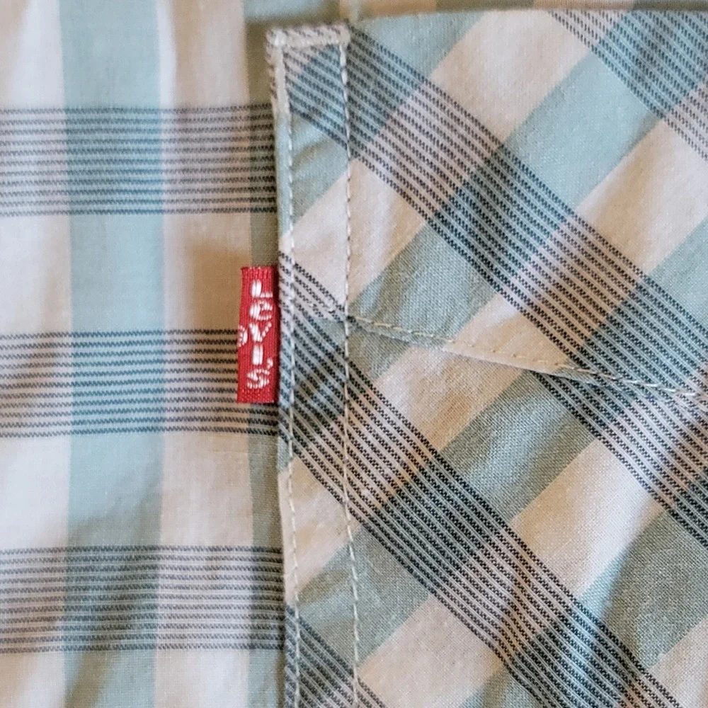 Levi's Button‎ Down Shirt Mens XL Teal White Gingham Short Sleeve Check Plaid